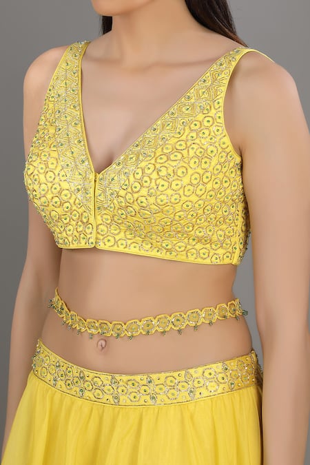 Shop_Asaga_Yellow Organza, Satin, Linen V Neck Embroidered Lehenga Set _Online_at_Aza_Fashions