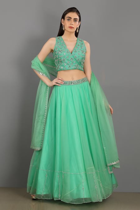 Asaga Green Linen Satin Organza V Neck Embroidered Lehenga Set