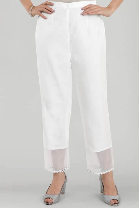 Asaga_White Cotton Pant Mul Cotton Dupatta Organza, Kurta Chanderi Silk Round Set _Online_at_Aza_Fashions