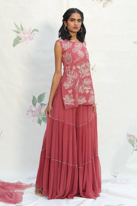 Taavare_Pink Tulle, Chiffon, Georgette Round Embroidered Kurta And Palazzo Set_Online_at_Aza_Fashions