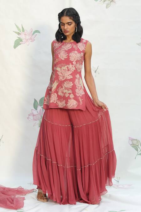 Buy_Taavare_Pink Tulle, Chiffon, Georgette Round Embroidered Kurta And Palazzo Set_Online_at_Aza_Fashions