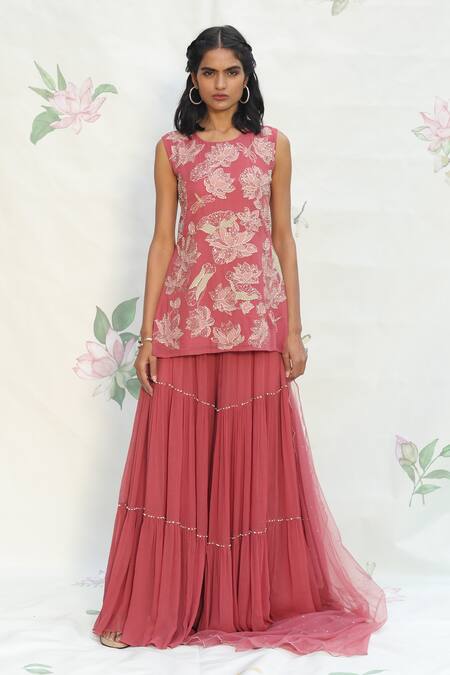 Shop_Taavare_Pink Tulle, Chiffon, Georgette Round Embroidered Kurta And Palazzo Set_Online_at_Aza_Fashions