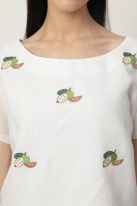 Buy_Musal_Green Cotton, Linen Embroidery Boat Neck Becky Top_Online_at_Aza_Fashions