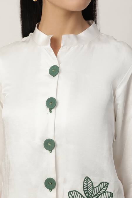 Buy_Musal_Ivory Satin, Linen Embroidery Mandarin Collar Dottie Leaf Motif Shirt _Online_at_Aza_Fashions