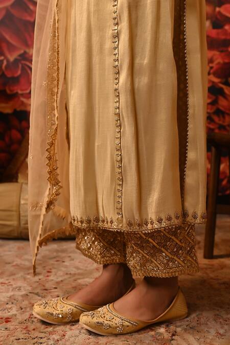 Moledro_Gold Brocade, Net Sequins, Beads, Zari, Embroidery Round Neck Shira Kurta Set _at_Aza_Fashions