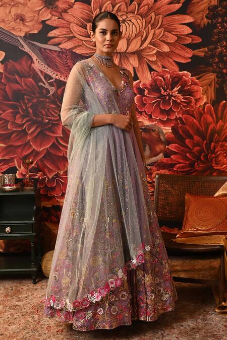 Shop_Moledro_Purple Organza, Brocade, Net Embroidery, Sequins, Irsa Anarkali With Dupatta _Online_at_Aza_Fashions