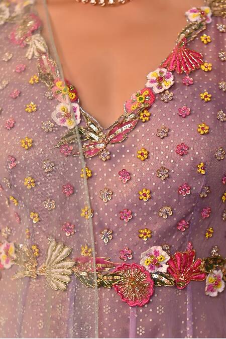 Moledro_Purple Organza, Brocade, Net Embroidery, Sequins, Irsa Anarkali With Dupatta _at_Aza_Fashions