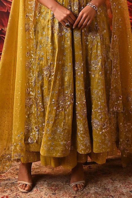 Moledro_Green Silk , Brocade, Cut Work, Arisha Embellished Anarkali Set _at_Aza_Fashions