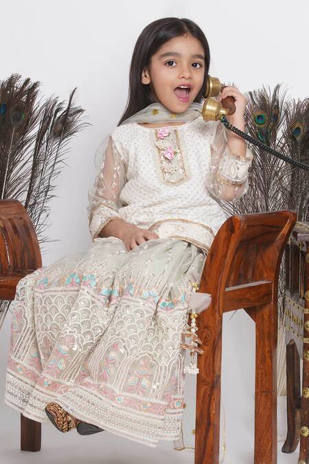 Shop_Little Bansi_Green Cotton, Net Sequins, Pearls, Embroidery Embellished Lehenga Set 