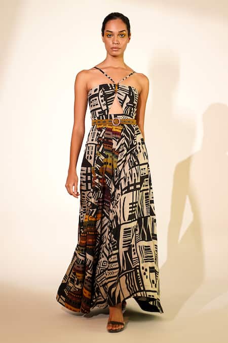 Nikita Mhaisalkar_White Silk Gota Patti V-neck Front Cut-out Printed Gown _Online_at_Aza_Fashions