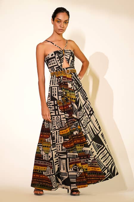 Buy_Nikita Mhaisalkar_White Silk Gota Patti V-neck Front Cut-out Printed Gown _Online_at_Aza_Fashions