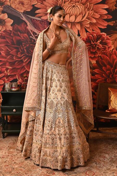 Buy_Moledro_Pink Brocade, Organza Mirrors, Sequins, Embroidery Kasiya Bridal Lehenga Set _Online_at_Aza_Fashions