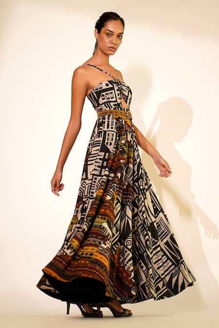 Shop_Nikita Mhaisalkar_White Silk Gota Patti V-neck Front Cut-out Printed Gown _Online_at_Aza_Fashions