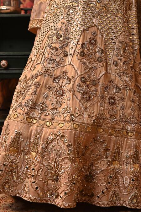 Shop_Moledro_Pink Brocade, Organza Mirrors, Sequins, Embroidery Kasiya Bridal Lehenga Set _Online_at_Aza_Fashions