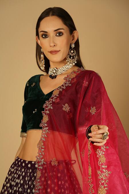 Monk & Mei By Sonia Anand Purple Organza, Velvet, Brocade Embroidery Roza Floral Woven Lehenga Blouse Set at Aza Fashions Monk & Mei By Sonia Anand_Purple Organza, Velvet, Brocade Embroidery Roza Floral Woven Lehenga Blouse Set _at_Aza_Fashions