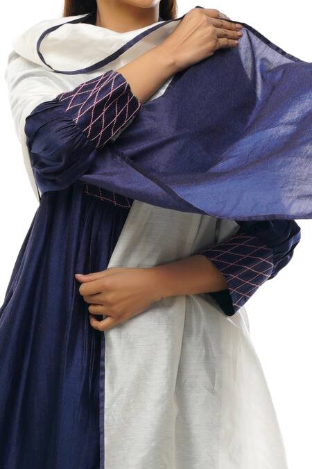 Khat_Blue Chanderi Embroidery Asymmetric Neckline Dress Pant Co-ord Set _at_Aza_Fashions