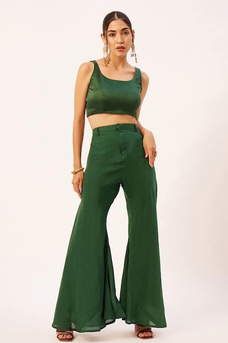 Shop_Zariya The Label_Pink Muslin Round Neck Asymmetric Sheer Cape Flared Pant Set _Online_at_Aza_Fashions