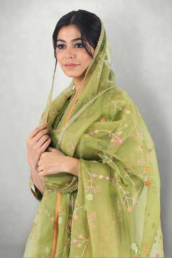 Shop_I Am Design_Green Cotton , Silk Organza, Linen Aari Embroidered Kurta Pant Set _Online_at_Aza_Fashions