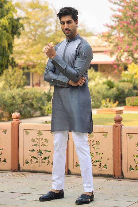 Shop_Raw & Rustic By Niti Bothra_Grey Chanderi, Silk Embroidery Ombre Banarasi Kurta _Online_at_Aza_Fashions