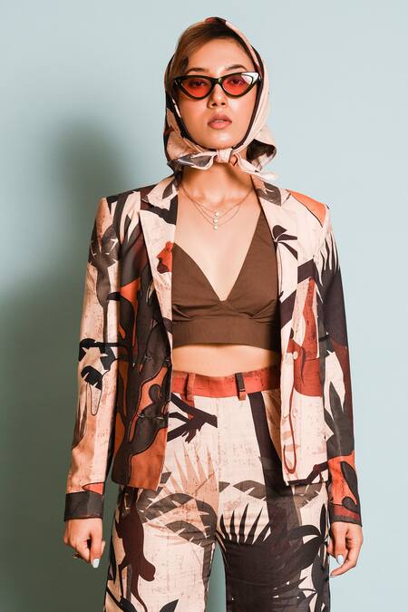 The Dramebaaz CO_Brown Linen, Silk, Cotton V-neck Double Breasted Printed Blazer Pant Set _Online_at_Aza_Fashions