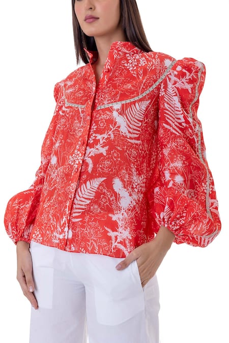 Gaya_Multi Color Linen Printed Floral Band Collar Botanic Shirt _at_Aza_Fashions