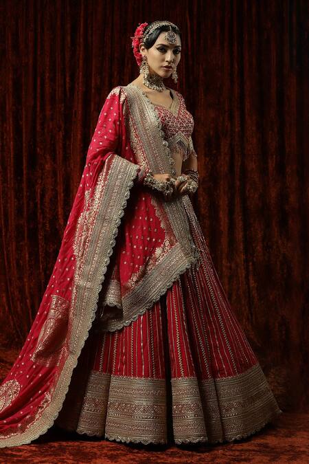 Shikhar Sharma Red Silk, Georgette, Chanderi Embroidery, Tassels, Musk Rose Bridal Lehenga Set at Aza Fashions Shikhar Sharma_Red Silk, Georgette, Chanderi Embroidery, Tassels, Musk Rose Bridal Lehenga Set _at_Aza_Fashions