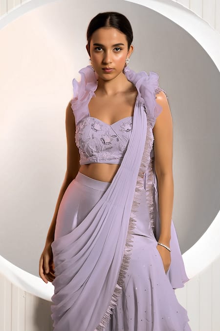 Jade By Ashima_Blue Georgette Embroidery Halter Ophelia Pre-draped Gharara Saree With Blouse _at_Aza_Fashions