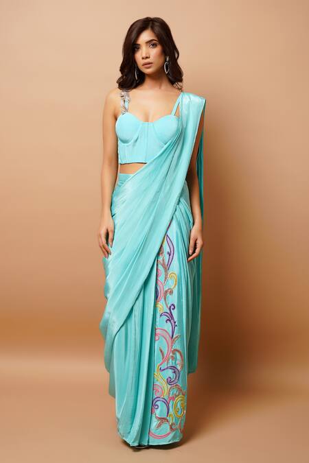 Ahi Clothing Blue Hemp, Crepe Cut Work, Embroidery Pre-draped Kali Saree With Bustier at Aza Fashions Ahi Clothing_Blue Hemp, Crepe Cut Work, Embroidery Pre-draped Kali Saree With Bustier _at_Aza_Fashions