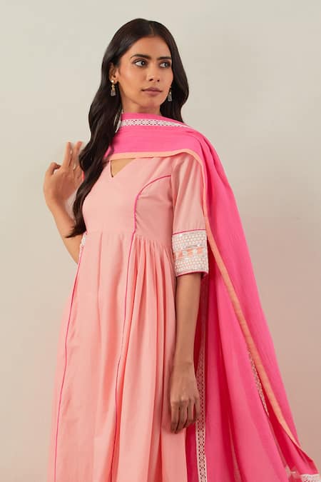 Buy_The Indian Cause_Peach Cotton Sequins, Embroidery, Lace V-neck V Anarkali Palazzo Set 