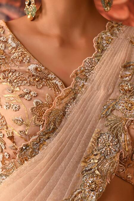 Shop Moledro Pink Silk Organza, Net, Brocade Reem Fish-cut Pre-draped Saree With Blouse Online at Aza Fashions Shop_Moledro_Pink Silk Organza, Net, Brocade Reem Fish-cut Pre-draped Saree With Blouse _Online_at_Aza_Fashions