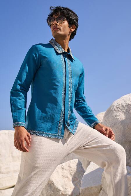 Buy_Dash and Dot_Blue 100% Organic Cotton Embroidery Cross Stitch Placket Shirt _Online_at_Aza_Fashions