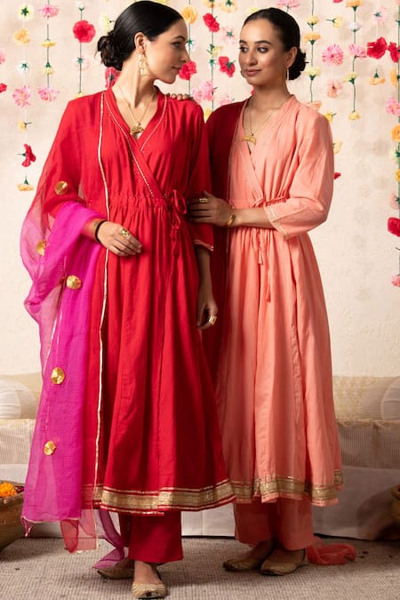 Buy Marche Peach Dupatta Kota Doria, Kurta And Pant Cotton V Neck Kalidar Angrakha Set Buy_Marche_Peach Dupatta Kota Doria, Kurta And Pant Cotton V Neck Kalidar Angrakha Set