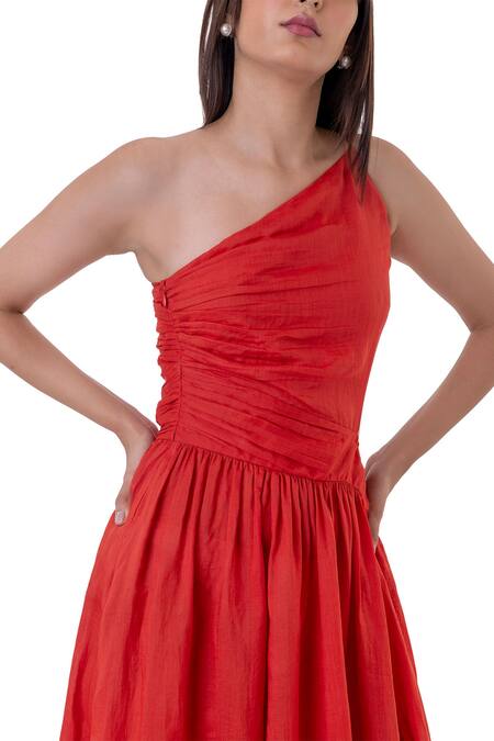 Gaya_Red Cotton Solid One Shoulder Cut Out Dress _at_Aza_Fashions