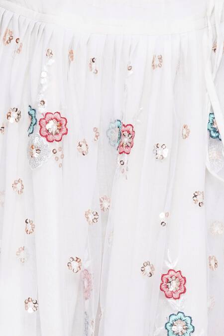 Little Bansi_White Net, Cotton Sequins, Embroidery Floral Bouquet Lehenga Set _at_Aza_Fashions