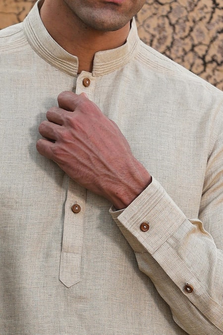 Buy_Raw & Rustic by Niti Bothra_Beige Linen Embroidery Textured Kurta _Online_at_Aza_Fashions