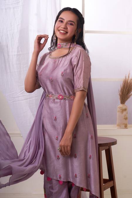 Geetika Jain_Purple Silk, Georgette Embroidery, Sequins, Beads Round Flower Motif Kurta Set _Online_at_Aza_Fashions