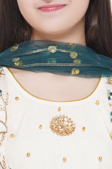Little Bansi_Cream Cotton, Silk, Net Brooches, Embroidery Frock Kurta Sharara Set _at_Aza_Fashions