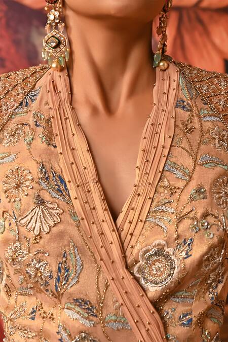 Shop Moledro Peach Brocade Beads, Sequins, Zari, Embroidery Ina Jacket And Harem Pant Set Online at Aza Fashions Shop_Moledro_Peach Brocade Beads, Sequins, Zari, Embroidery Ina Jacket And Harem Pant Set _Online_at_Aza_Fashions