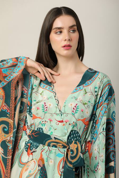 Limerick By Abirr N' Nanki_Multi Color Crepe Embroidery V-neck Evo Printed Wrap Kaftan Dress _at_Aza_Fashions