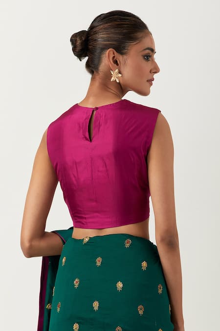 Buy_Label Earthen_Green Chanderi Silk, Chiffon Embroidery Round Neck Hazzarbuti Saree With Blouse 