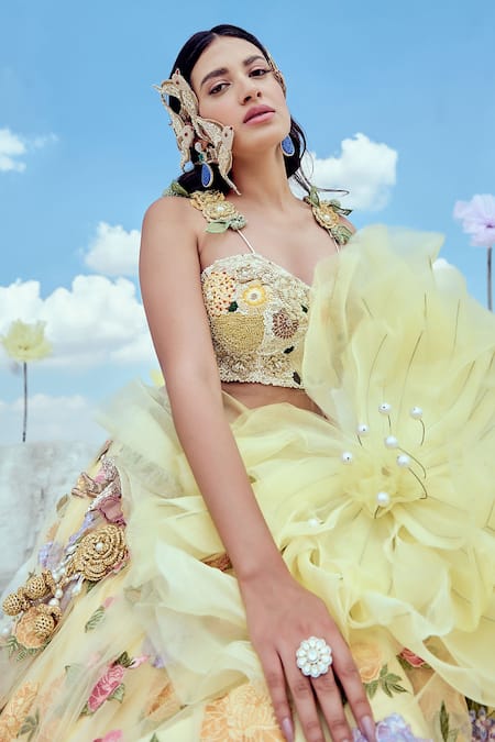 Shop_Nikita Vishakha_White Silk, Net Pearls, Fabric Flowers, Mirrors, Resham Embroidered Lehenga Set _Online_at_Aza_Fashions