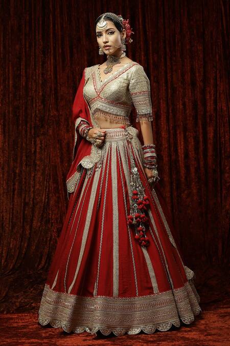 Shikhar Sharma Red Silk, Chanderi, Crepe, Chiffon Surkh Anardana Gota Bridal Lehenga Set at Aza Fashions Shikhar Sharma_Red Silk, Chanderi, Crepe, Chiffon Surkh Anardana Gota Bridal Lehenga Set _at_Aza_Fashions
