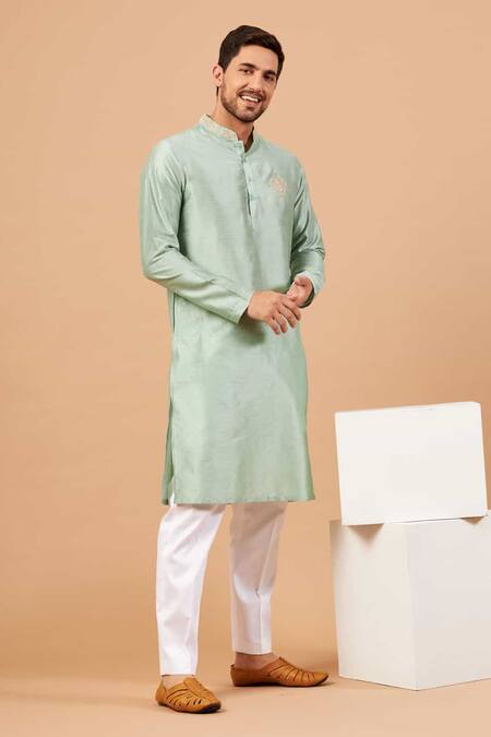 Shop_Hilo Design_Green Cotton, Silk, Lycra Embroidery Amil Kurta Set _Online_at_Aza_Fashions