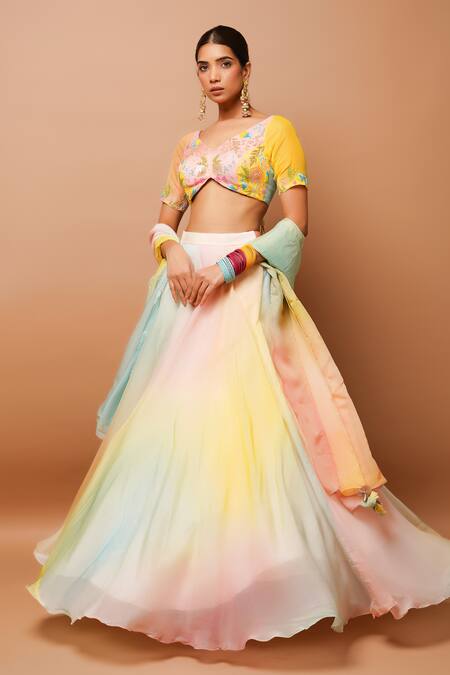 Ahi Clothing Multi Color Organza, Cotton Embroidery, Tassels, Pastel Painted Lehenga Set at Aza Fashions Ahi Clothing_Multi Color Organza, Cotton Embroidery, Tassels, Pastel Painted Lehenga Set _at_Aza_Fashions