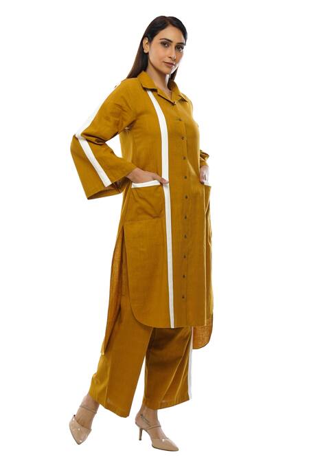 Shop Khat Yellow Handloom Cotton Collared Notched Kurta And Palazzo Set Online at Aza Fashions Shop_Khat_Yellow Handloom Cotton Collared Notched Kurta And Palazzo Set _Online_at_Aza_Fashions