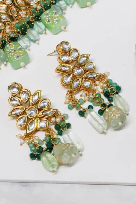 Ishhaara_Green Beads, Diamonds Kundan Embellished Choker Set _at_Aza_Fashions