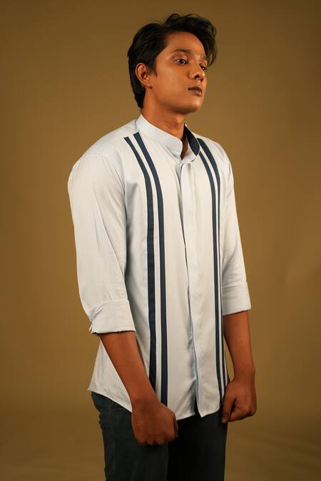Shop_Hilo Design_Blue Oxford, Poplin, Lycra Stripe Pattern Shirt_Online_at_Aza_Fashions