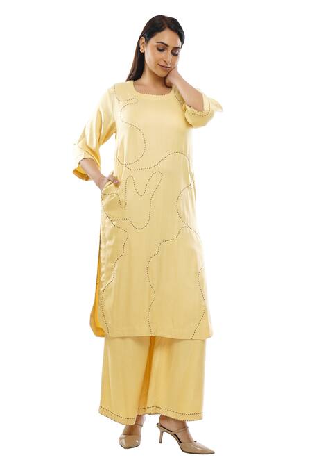 Buy_Khat_Yellow Tencel Embroidery Square Neck Abstract Kurta Palazzo Set 