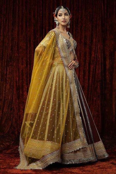 Shikhar Sharma Maroon Silk, Chanderi, Net Beads, Genda Phool Gota Bridal Lehenga Set at Aza Fashions Shikhar Sharma_Maroon Silk, Chanderi, Net Beads, Genda Phool Gota Bridal Lehenga Set _at_Aza_Fashions