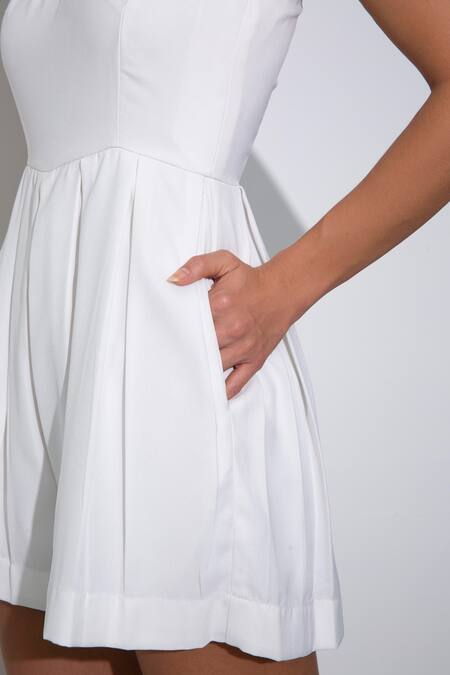 Pocketful Of Cherrie_White Crepe Scoop Neck Sleeveless Box Pleated Romper_Online_at_Aza_Fashions